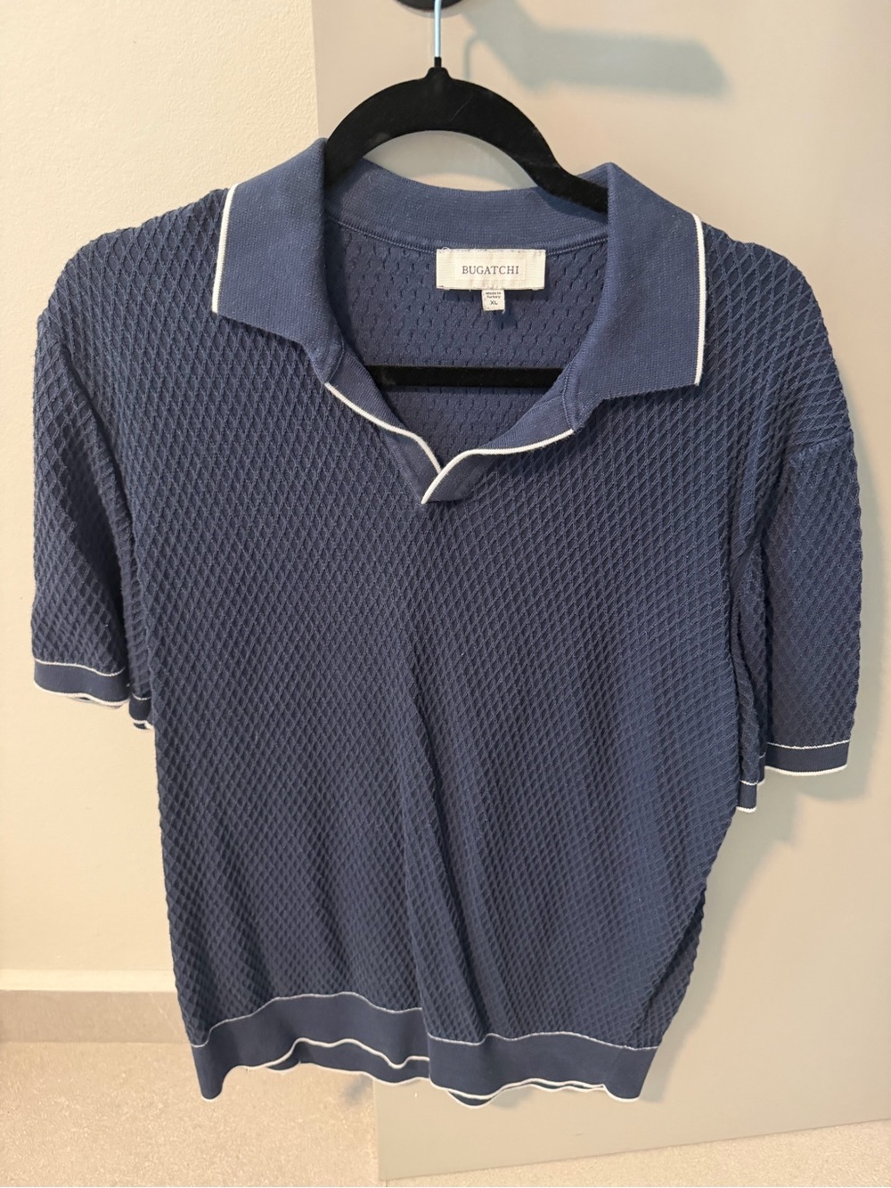 Bugatchi Men's Navy Textured Polo with White Trim